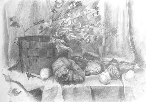 Натюрморт с корзиной и овощами карандашом. Учебный академический рисунок